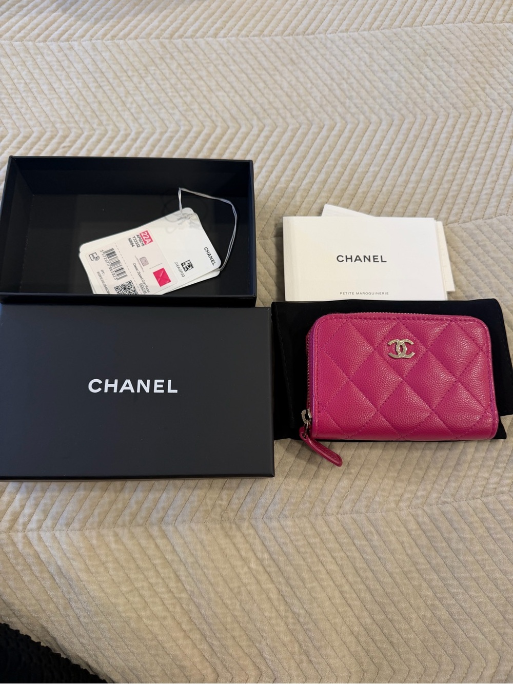 Authentic CHANEL Hot Pink Quilted Zip Card Case with CC Logo